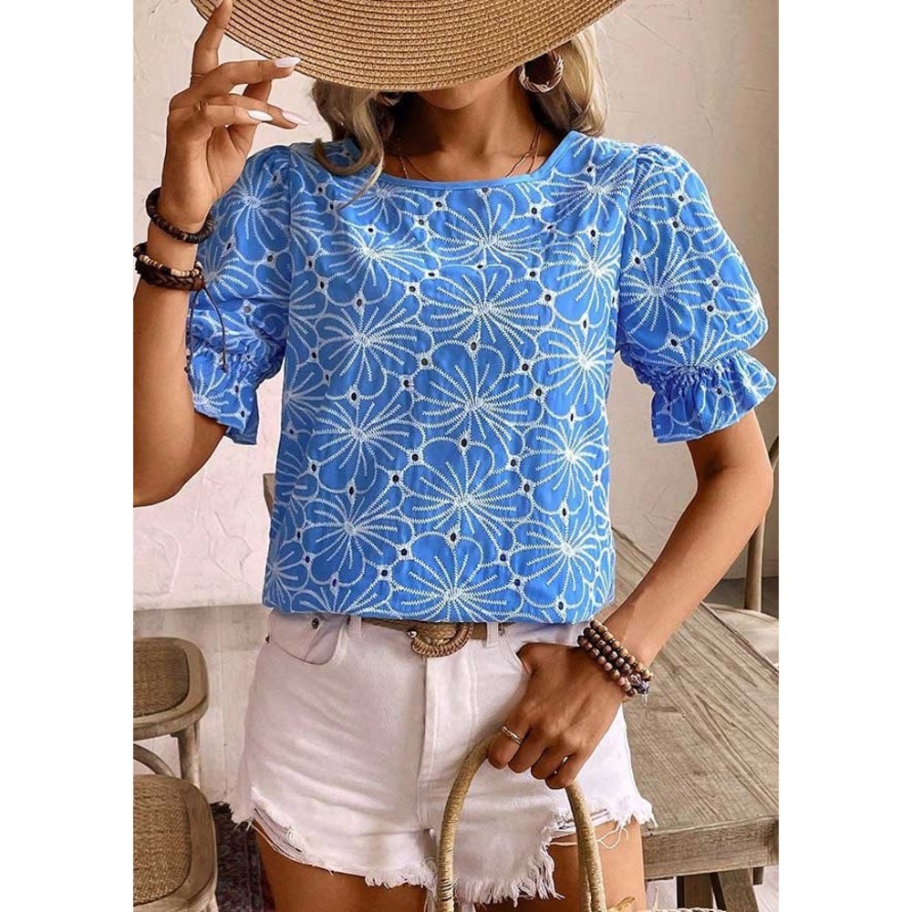 (CL)‎ Blue Floral Eyelet Puff Sleeve Blouse Ruffle Cuff Top Small NWOT